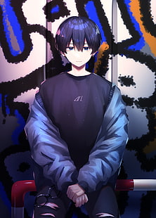 Mężczyzna, siedzący, anime, podarte dżinsy, kolczyk, niebieskie włosy, niebieskie oczy, chłopcy z anime, Tapety HD HD wallpaper