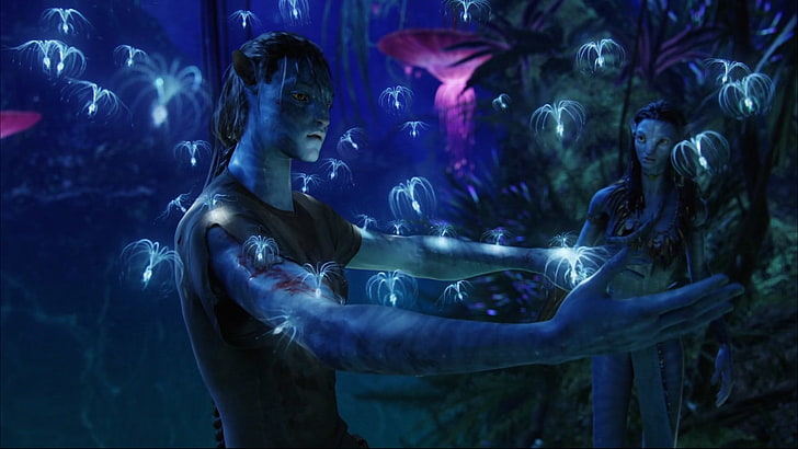 Screenshot des Avatar-Films, Avatar, Jake Sully, Na'vi, Neytiri (Avatar), Gelbe Augen, HD-Hintergrundbild