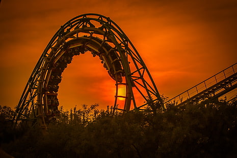 roller coaster, roller coaster, amusement park, sunset, HD wallpaper HD wallpaper