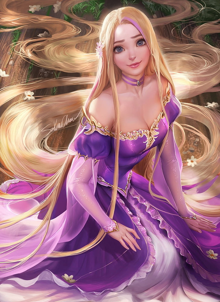 Sakimichan, realistic, Rapunzel, blonde, cleavage, HD wallpaper
