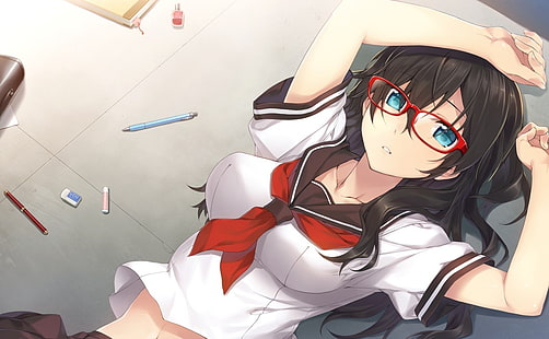 аниме, аниме девушки, очки, школьная форма, оригинальные персонажи, меганекко, HD обои HD wallpaper
