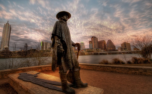 The Stevie Ray Vaughan Memorial Statue in Austin, black statue, United States, Texas, Travel, Memorial, hdr, Statue, austin, stevie ray vaughan, HD wallpaper HD wallpaper