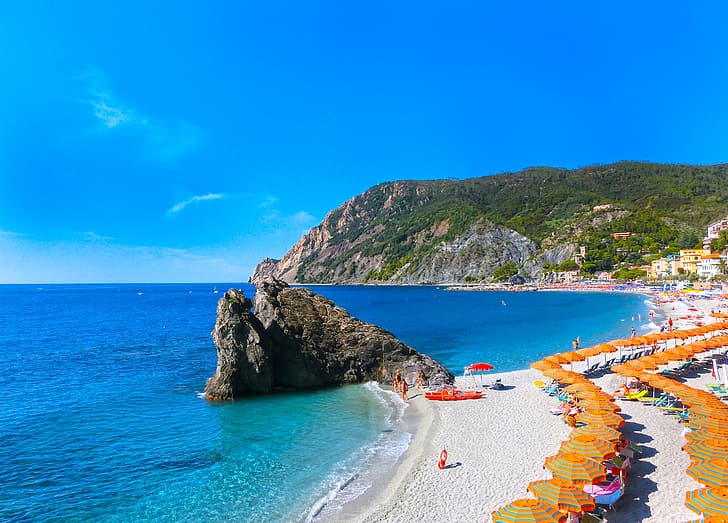 sea, beach, rocks, shore, Italy, landscape, travel, Monterosso al Mare, Liguria, HD wallpaper
