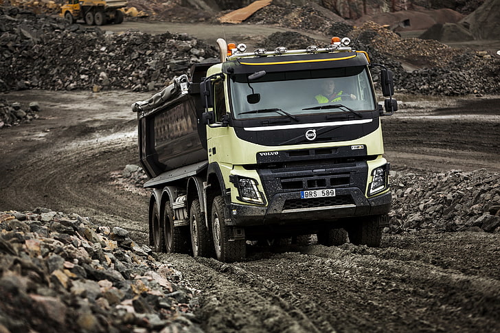yellow and black Volvo dump truck, road, stones, dust, Volvo, truck, 2013, quarry, FMX, 8x4, machinery, samawal, HD wallpaper