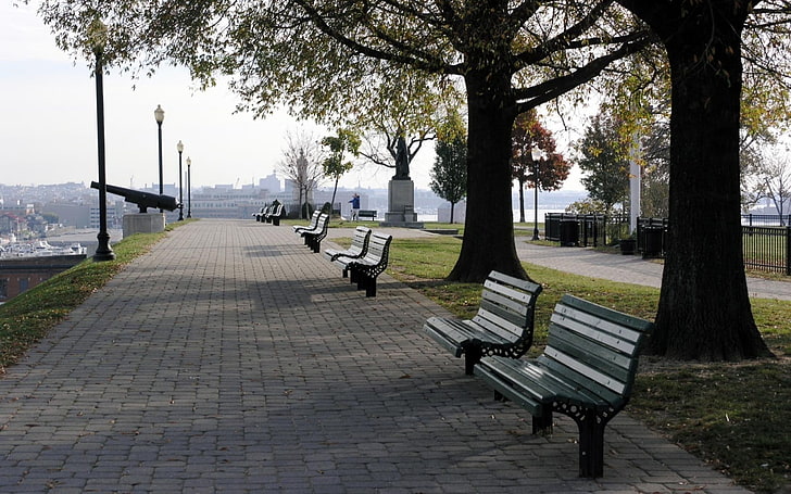Sitzbank, Stadt, Bäume, HD-Hintergrundbild