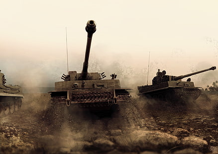 два коричневых боевых танка, танк, военный, тигр I, машина, HD обои HD wallpaper