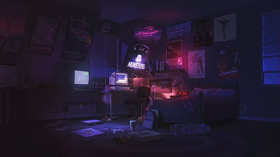  The Midnight Monsters, CRT, TV, CRT Monitor, bed, backpacks, game posters, Film posters, PlayStation, pizza, computer, skateboard, desk, desk lamp, HD wallpaper HD wallpaper