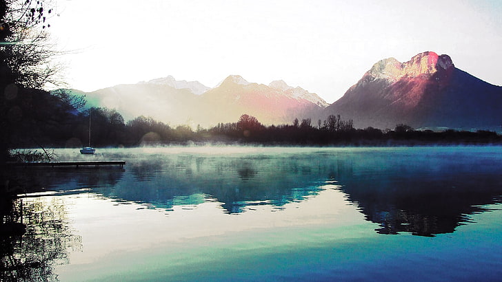 montanha, agua, barco, lago, montanhas, natureza, reflexão, paisagem, HD papel de parede