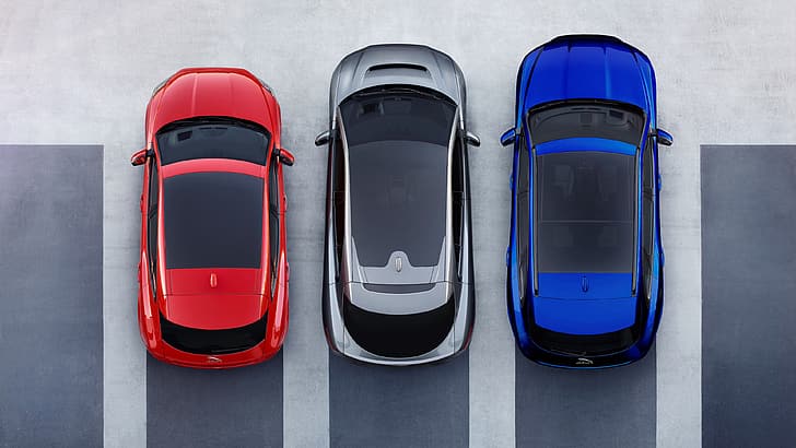 Jaguar E-Pace, Jaguar I-Pace, Jaguar F-Pace, voiture, véhicule, vue de dessus, Jaguar, voiture électrique, voitures rouges, voitures bleues, voitures grises, SUV, Fond d'écran HD