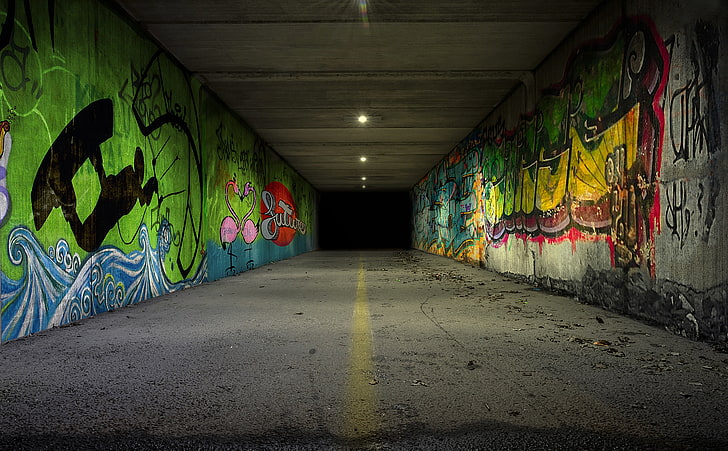 Underpass, multicolored mural, Artistic, Graffiti, City, Night, Tunnel, Painting, Subway, underpass, gloomy, HD wallpaper