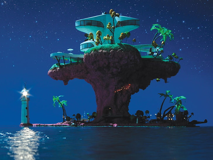 turkusowa latarnia morska i animowana ilustracja budynku, Gorillaz, Jamie Hewlett, 2-D, Noodle, Murdoc Niccals, Russel Hobbs, Tapety HD