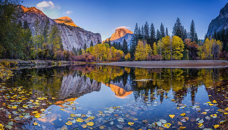 Калифорния, Национальный парк, Йосемити, США, Калифорния, Национальный парк, Йосемити, осень, день, Гора, река, лес, деревья, листья, синий, небо, облака, отражение, HD обои