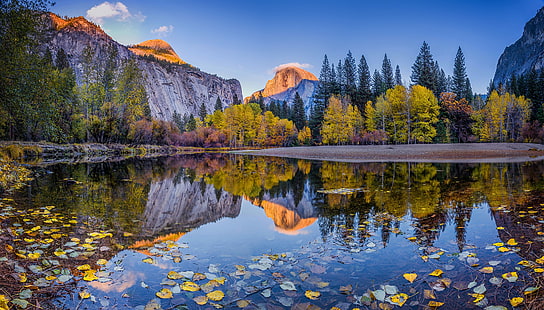Californie, Parc national, Yosemite, États-Unis d'Amérique, Californie, Parc national, Yosemite, automne, journée, Montagne, rivière, forêt, arbres, feuilles, bleu, ciel, nuages, réflexion, Fond d'écran HD HD wallpaper
