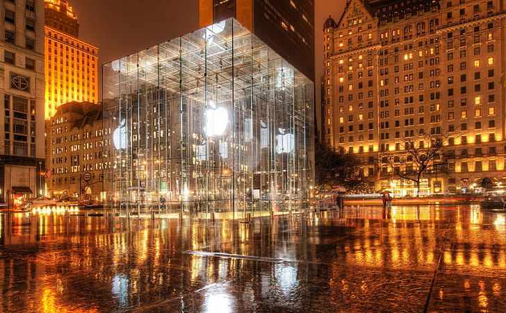 Apple Store, Nowy Jork, czarne płytki ceramiczne, Stany Zjednoczone, Nowy Jork, Apple, noc, hdr, światła miejskie, Store, Apple store, Tapety HD
