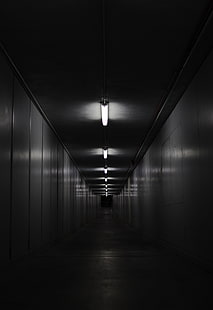 gray hallway, corridor, room, black and white, walls, lighting, HD wallpaper HD wallpaper