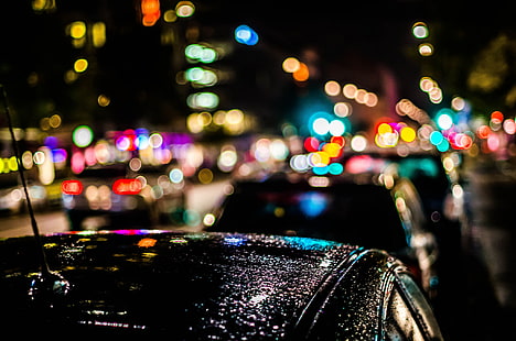 фотография на боке, машина, нощ, град, светлини, дъжд, боке, HD тапет HD wallpaper
