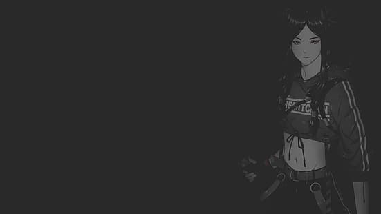 anime, anime girls, ilustração, fan art, personagens originais, minimalismo, monocromático, fundo escuro, textura, uniforme, cyberpunk, samurai, katana, espada, urbano, HD papel de parede HD wallpaper