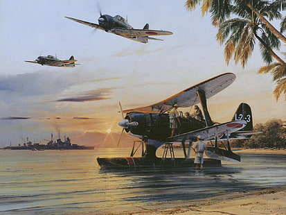 langit, air, matahari, pohon-pohon palem, pantai, kapal, seni, pesawat terbang, Angkatan Laut, pesawat amfibi, WW2, Jepang, Wallpaper HD HD wallpaper