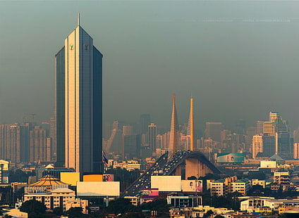 Bangkok, Tailandia, paesaggio urbano, architettura, Bangkok, costruzioni, paesaggio urbano, ora dorata, skyscaper, tramonto, Tailandia, Sfondo HD HD wallpaper