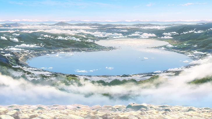 синьо езеро и зелени планини, Макото Шинкай, Кими но На Ва, аниме, HD тапет