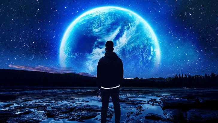 Pria berdiri menghadap lapangan pada malam hari, ruang angkasa, planet, malam, Wallpaper HD