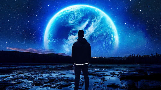 homem de pé de frente para o campo durante a noite, espaço, planeta, noite, HD papel de parede HD wallpaper