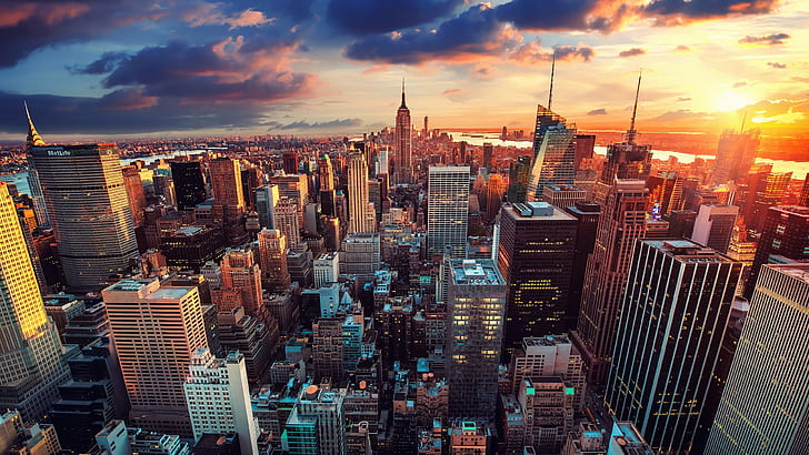 град, САЩ, небе, фотография, залез, Ню Йорк, Манхатън, Ню Йорк, Ню Йорк, облаци, реки, Емпайър Стейт Билдинг, сгради, архитектура, слънчева светлина, небостъргачи, градски пейзаж, Съединени американски щати, HD тапет