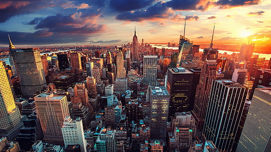 şehir, ABD, gökyüzü, fotoğrafçılık, gün batımı, New York, Manhattan, NYC, New York City, bulutlar, nehirler, Empire State Binası, binalar, mimari, güneş ışığı, gökdelenler, cityscape, Amerika Birleşik Devletleri, HD masaüstü duvar kağıdı HD wallpaper