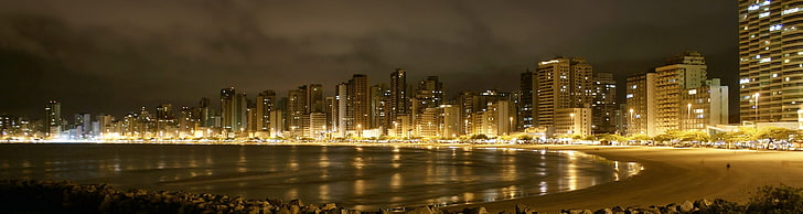 city buildings, cityscape, multiple display, beach, HD wallpaper