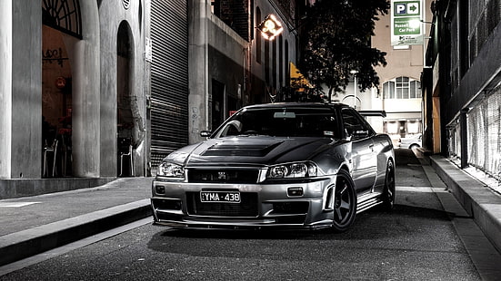 srebrny muscle car, nissan, auto, czarny, ulica, Tapety HD HD wallpaper