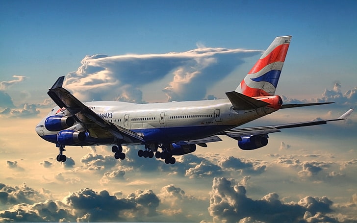 흰색과 빨간색 여객기, 하늘, 구름, 그림, 비행기, 공항, 보잉, 747, 여객, 정기 여객기, 영국 항공, 공기에서 보자, 심한 조종사, HD 배경 화면