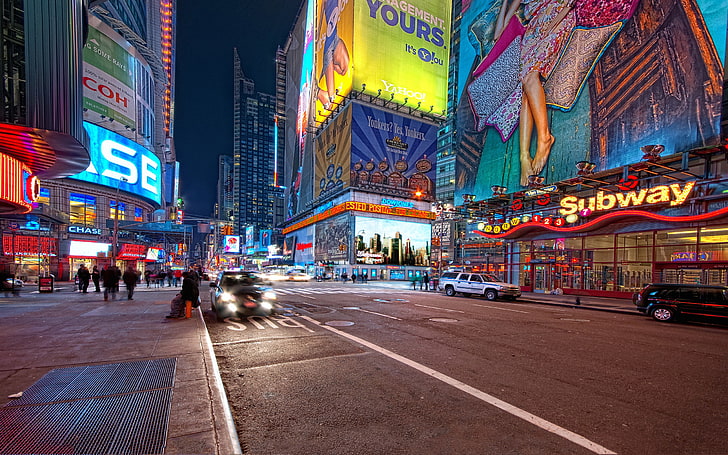 Нью-Йорк, Таймс-сквер, уличный фонарь, городской пейзаж, ночь, HD обои