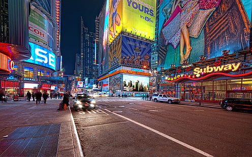 Нью-Йорк, Таймс-сквер, уличный фонарь, городской пейзаж, ночь, HD обои HD wallpaper