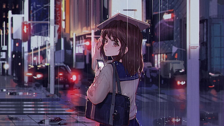 anime dziewczyny, deszcz, brunetka, miasto, miasto, anime, Tapety HD