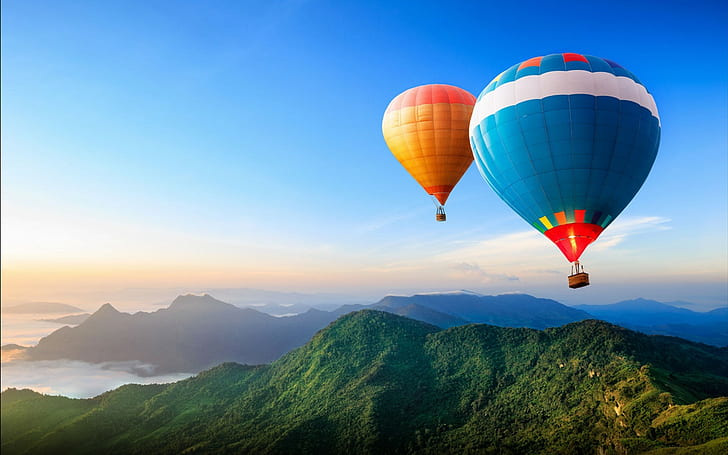 nature, hot air balloons, landscape, mountains, HD wallpaper