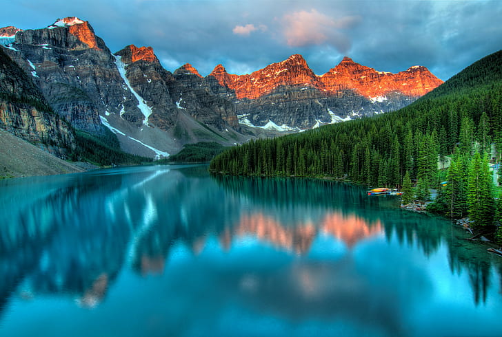 photo of lake and mountains, moraine lake, moraine lake, Moraine Lake, Sunrise, photo, mountains, alberta, aqua, banff, beautiful, canada, canadian, clouds, colorful, lake, landscape, moraine, morning, national  nature  park, peaceful, peaks, pure, red, reflection, rockies, rocky, scenery, scenic, summit, tranquil, travel, turquoise, vivid, forest, outdoor, alpine, tourism, water, deep, attraction, hiking, rock, serenity, summer, destination, emerald, pristine, lake louise, amazing, hdr, nature, mountain, scenics, outdoors, banff National Park, beauty In Nature, mountain Peak, blue, mountain Range, sky, national Landmark, HD wallpaper