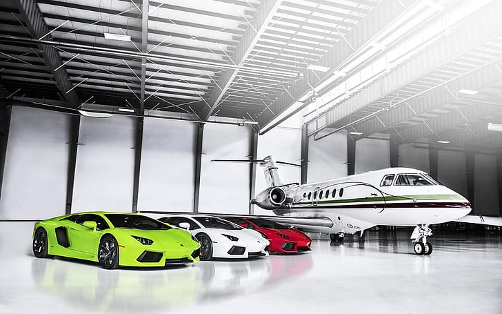 Garage privato di lusso, aereo, garage, macchine sportive, muscle car, aereo, Sfondo HD