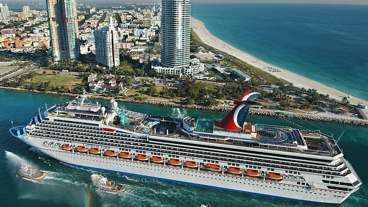 Cruise Ship Entering Miami Harbor, ship, tug boats, city, harbor, boats, HD wallpaper