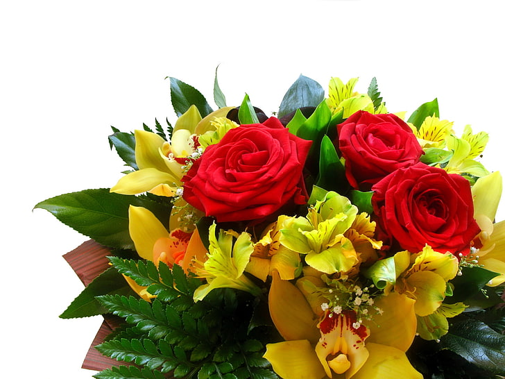 red and yellow flower bouquet, roses, lilies, bouquets, greens, decoration, HD wallpaper