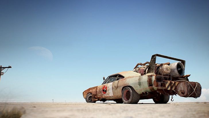brown muscle car, the sky, the moon, art, Dodge, turbine, barrel, rear view, Charger, The charger, Daytona, HD wallpaper