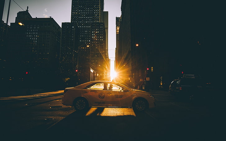 city, taxi, sunlight, HD wallpaper