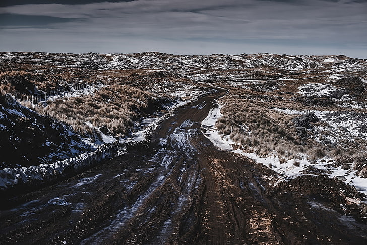 landscape, mud, dirt road, winter, HD wallpaper