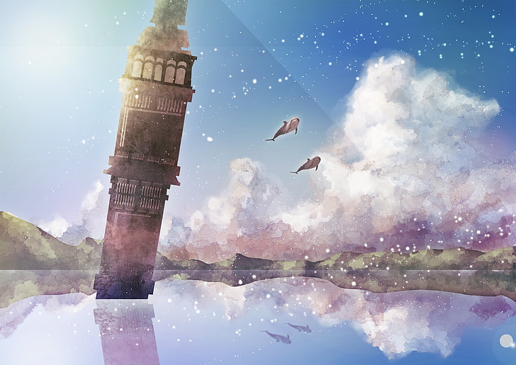 tower artwork anime lakes dolphins skyscapes 3508x2480  Nature Lakes HD Art , tower, artwork, HD wallpaper