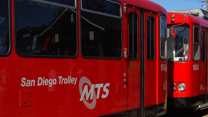 red San Diego Trolley MTS train, san diego trolley, california, usa, HD wallpaper