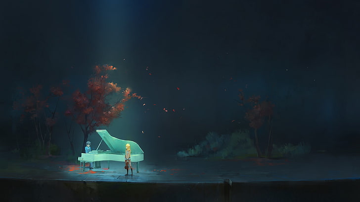 dois personagens de anime tocando pintura de piano de cauda, ​​anime, piano, música, casal, tristeza, escuro Shigatsu wa Kimi no Uso, HD papel de parede