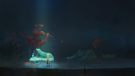 dois personagens de anime tocando pintura de piano de cauda, ​​anime, piano, música, casal, tristeza, escuro Shigatsu wa Kimi no Uso, HD papel de parede HD wallpaper