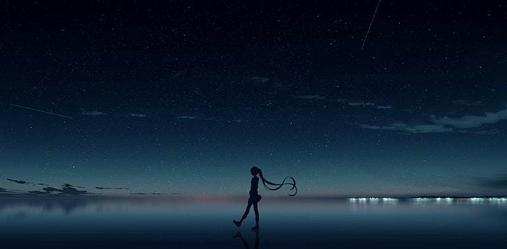 hatsune miku, silhouette, stars, walking, reflection, vocaloid, Anime, HD wallpaper