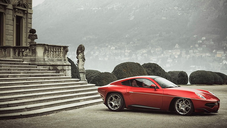 red coupe, Alfa Romeo, mobil, Disco Volante, mobil merah, Wallpaper HD