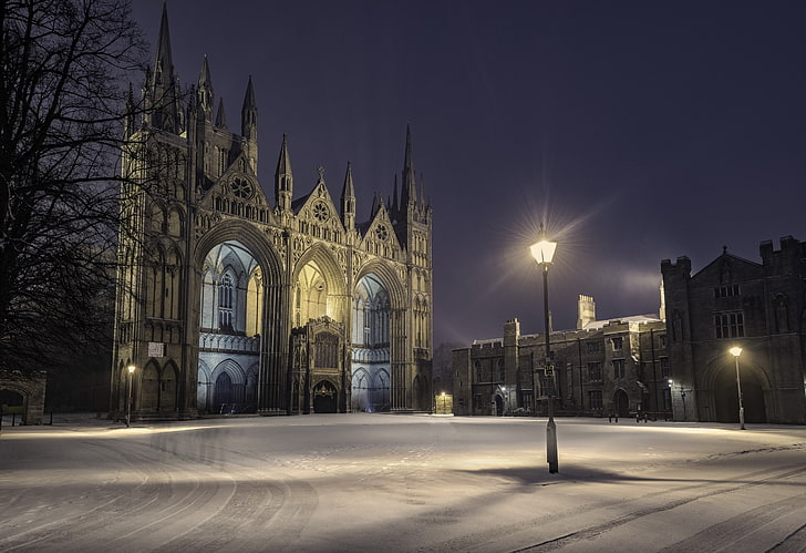 malam, salju, lentera, Inggris, musim dingin, Peterborough, Wallpaper HD