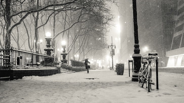 黒と白のニューヨーク、女性の黒革の冬のコート、写真、1920x1080、雪、冬、ニューヨーク市、ニューヨーク、 HDデスクトップの壁紙